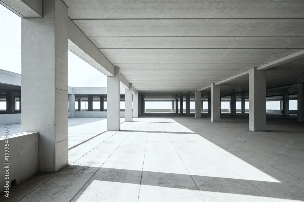 Empty modern concrete parking structure with pillars and diagonal shadows