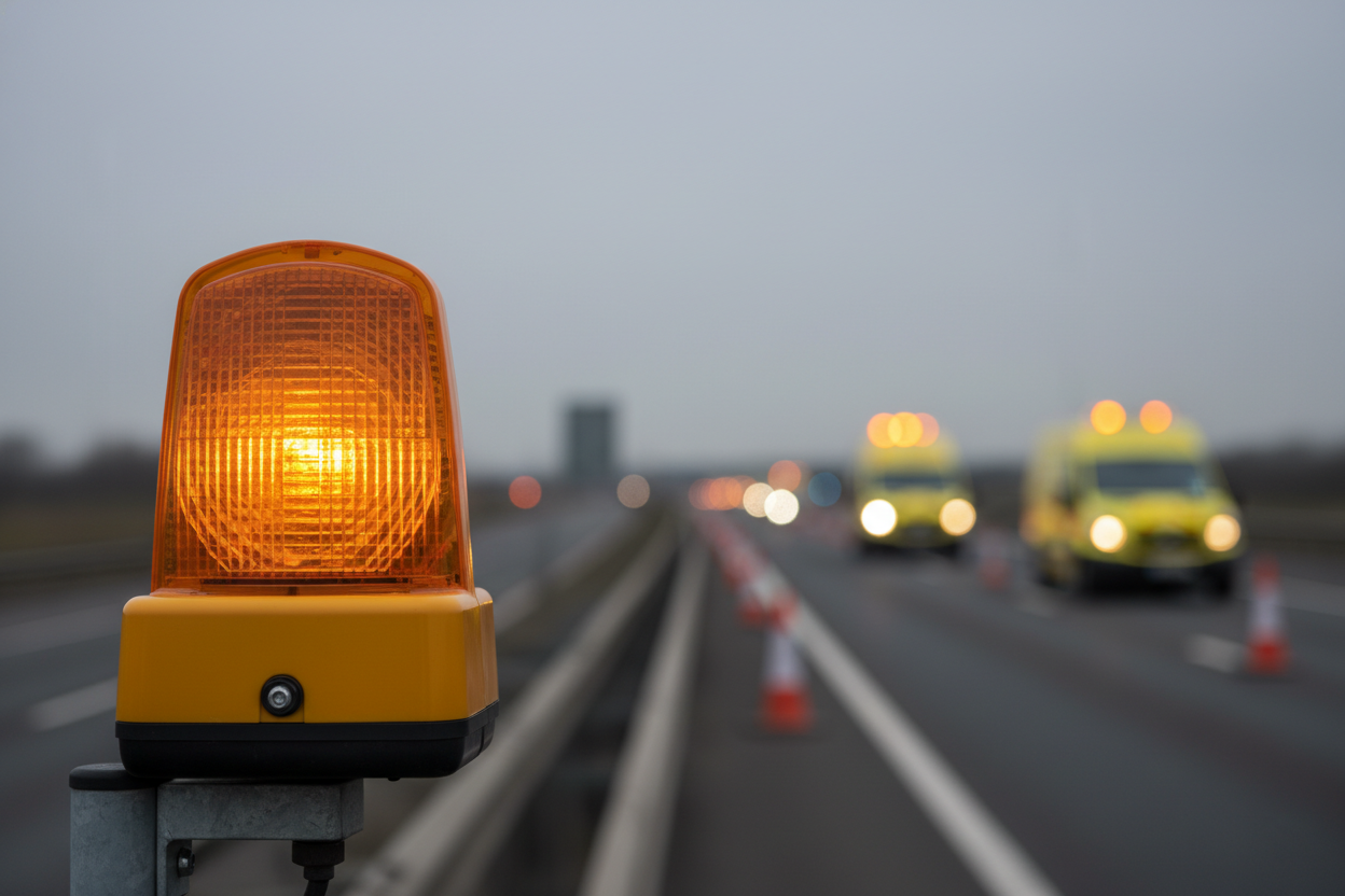 Amber warning beacon on a pole with blurred traffic management vehicles and cones at dusk